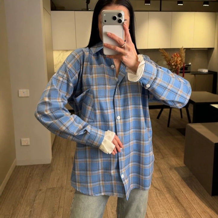 Women Checked Flannel Overshirt with Shirt Collar, Relaxed Fit and Patch Chest Pocket Mune Fashion