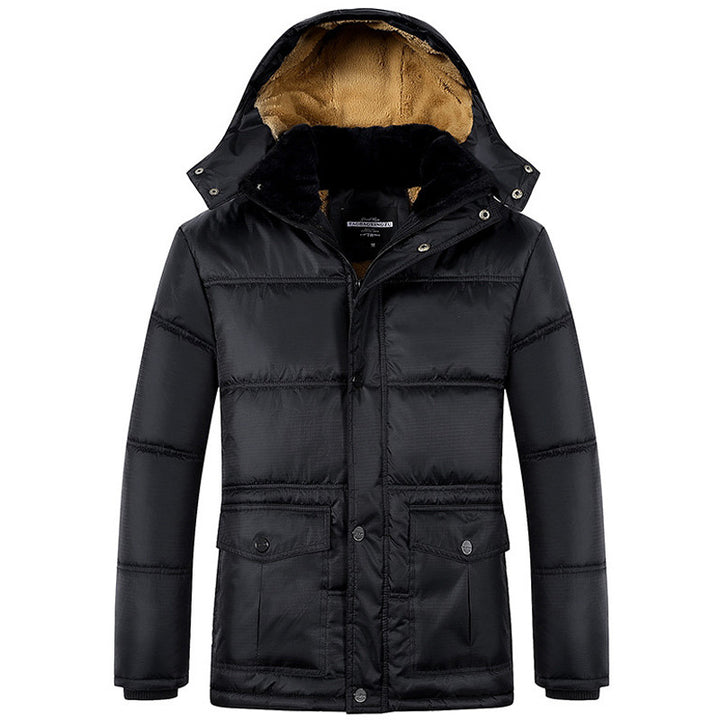 Men's Long Thermal Insulated Quilted Parka with Teddy Lining, Hood, and Flap Pockets