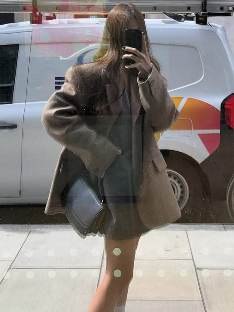 Women's Oversize Wool Blend Coat Blazer with Boxy Silhouette and Flap Pockets Mune Fashion