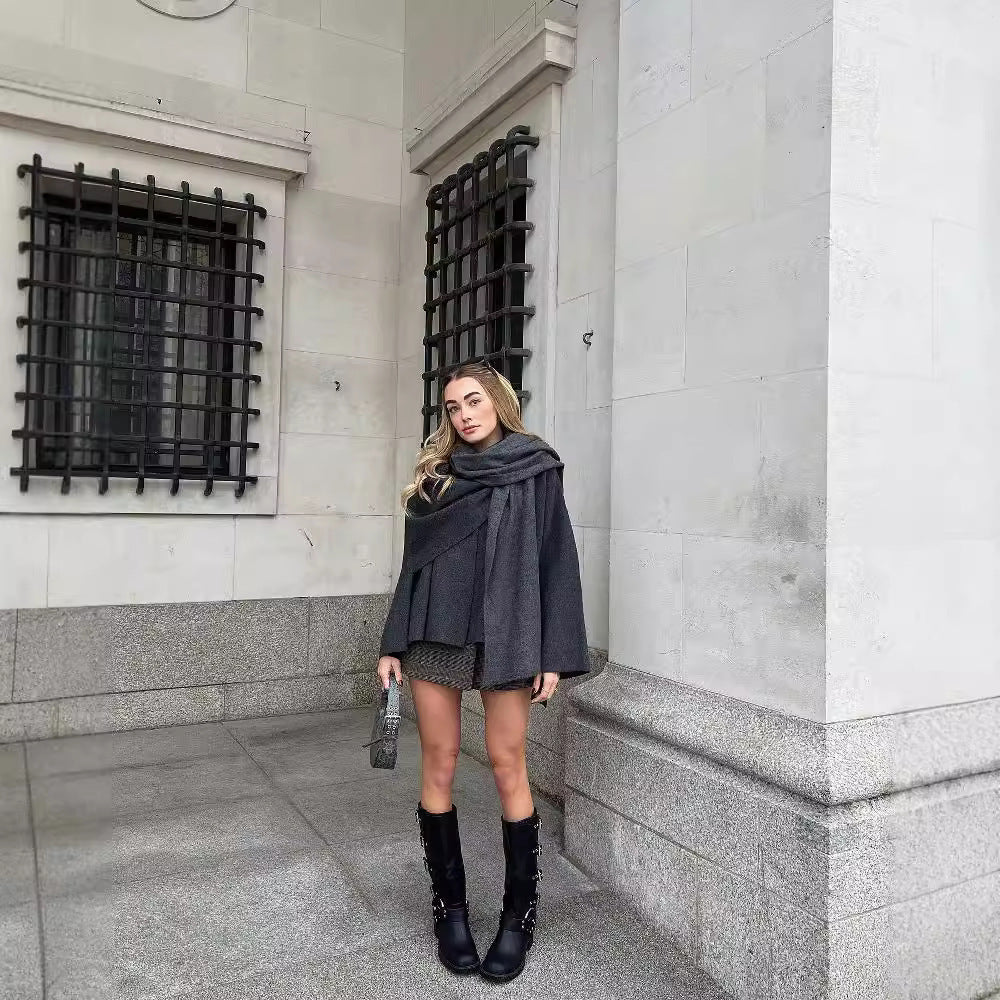 Women's Layered Poncho with Sleeves and Button Collar Mune Fashion