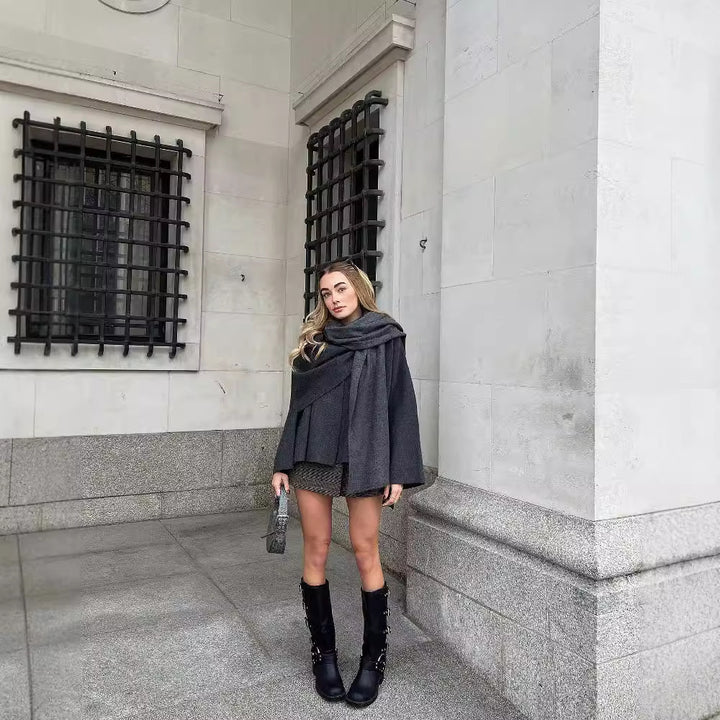 Women's Layered Poncho with Sleeves and Button Collar Mune Fashion