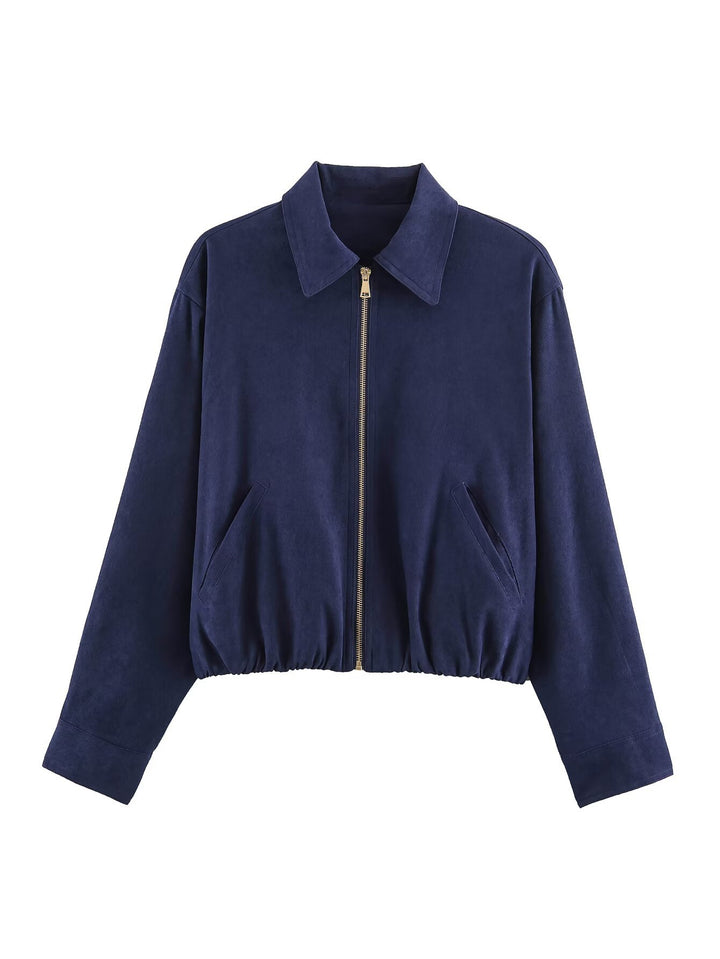 Women's short blazer in velvet look with pointed shirt collar and elastic hem Mune Fashion