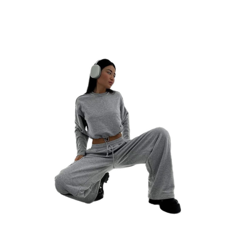 Women's Short Drawstring Sweatshirt with Ribbed Hem and Casual High-Waist Jogging Pants Mune Fashion