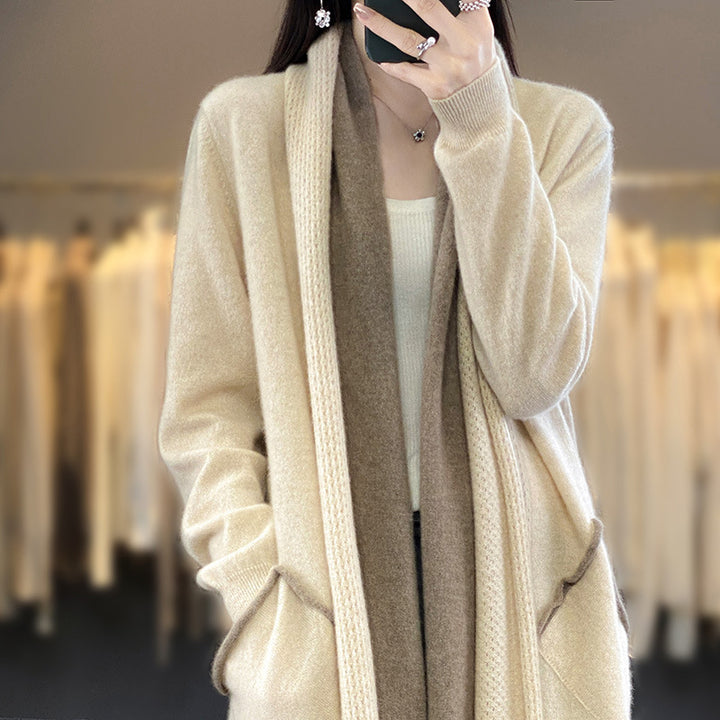 Women Long Open Cardigan in Cashmere-Look with Shawl Collar and Inset Pockets Mune Fashion