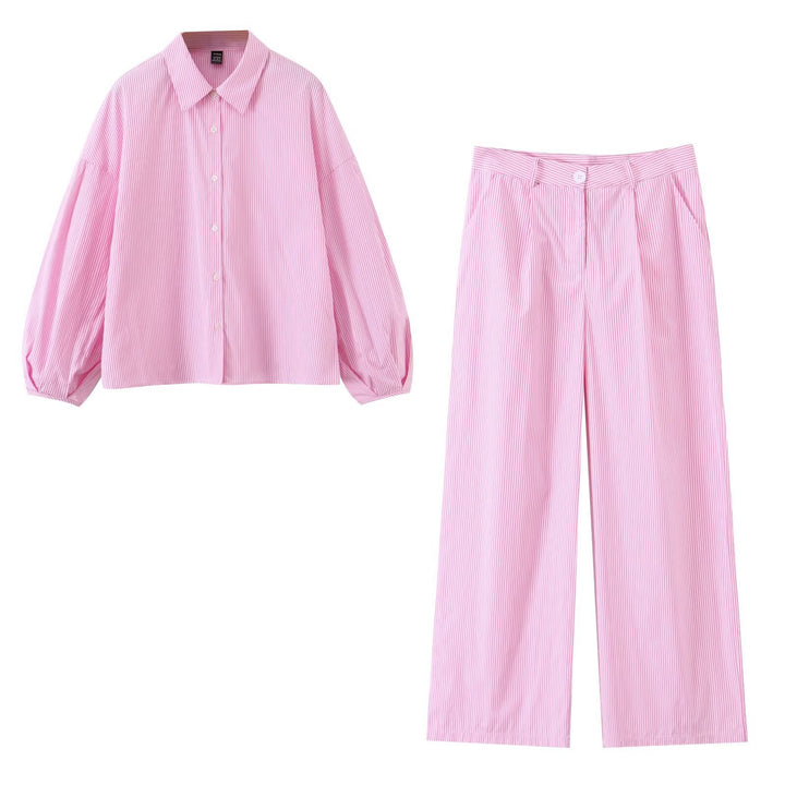 Women Two-Piece Striped Set with Oversized Shirt and High-Waist Palazzo Pants Mune Fashion