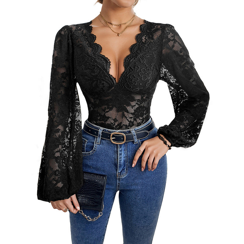 Ladies Elegant-tailored Lace Bodysuit in Corset Style with Deep Heart Neckline Mune Fashion