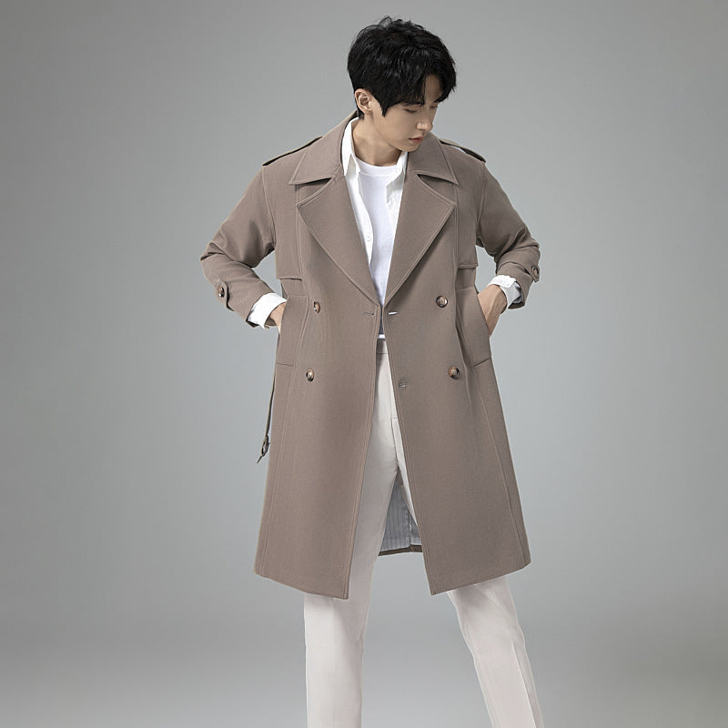 Men's Double-Breasted Trench Coat with Waist Belt and Classic Lapel Mune Fashion