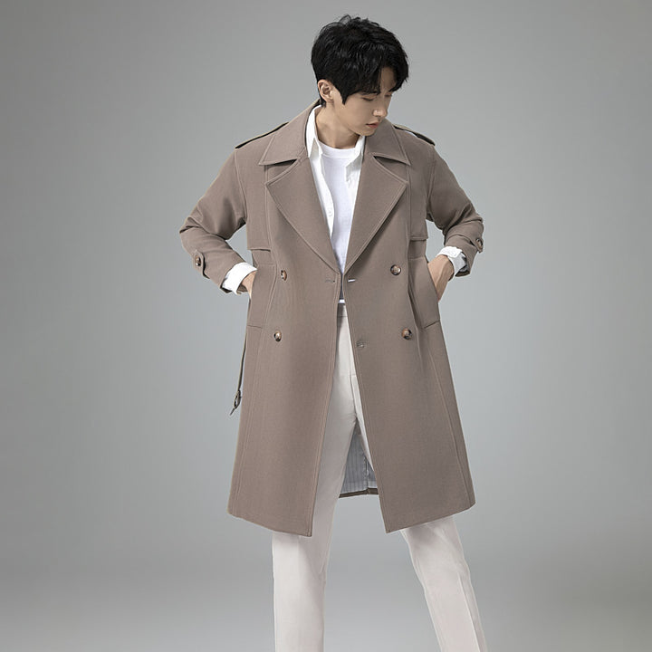 Men's Double-Breasted Trench Coat with Waist Belt and Classic Lapel Mune Fashion