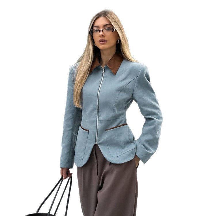 Women's Fitted Velvet Blazer with Zipper and Contrast Collar Mune Fashion