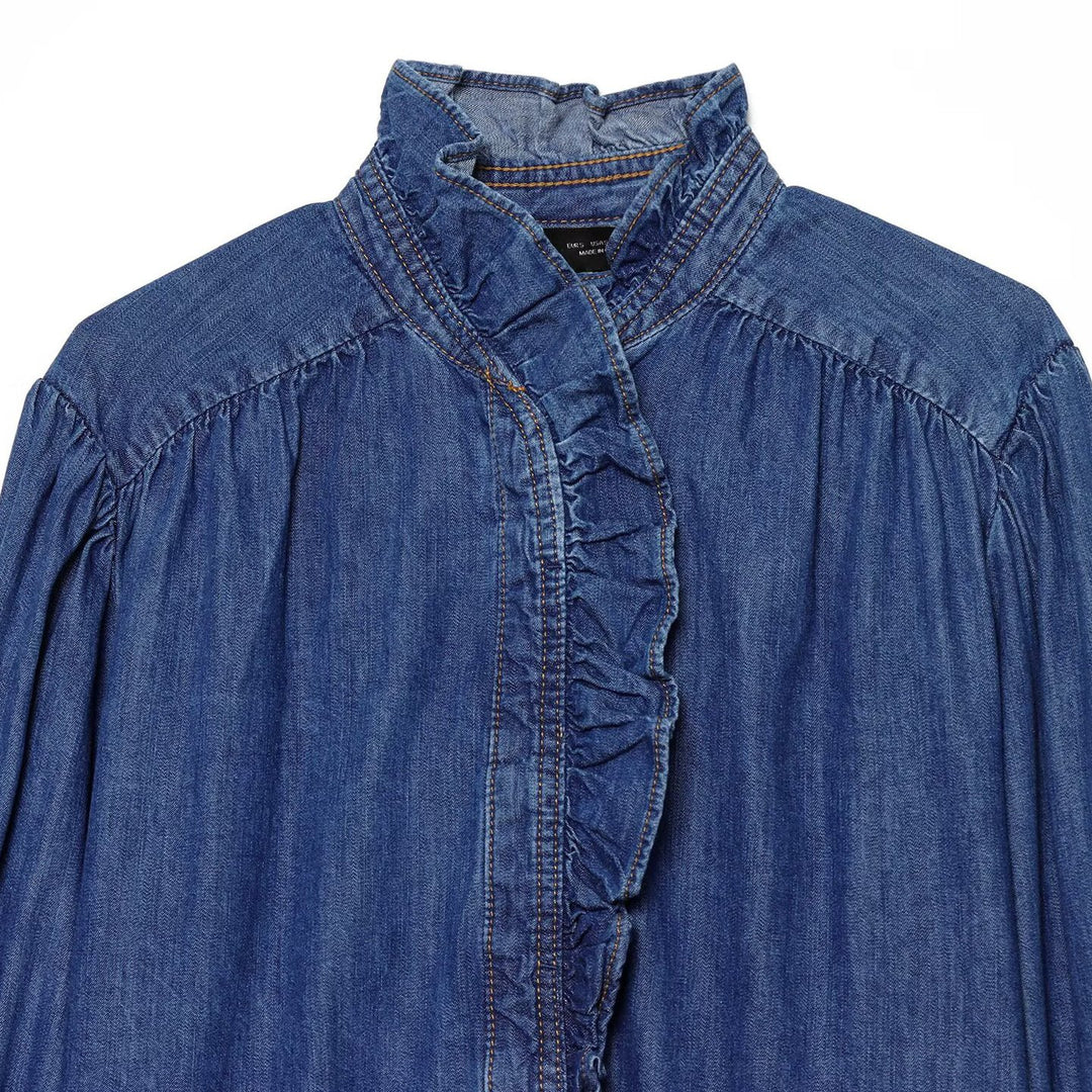 Women's denim blouse with ruffled button placket and stand-up collar Mune Fashion