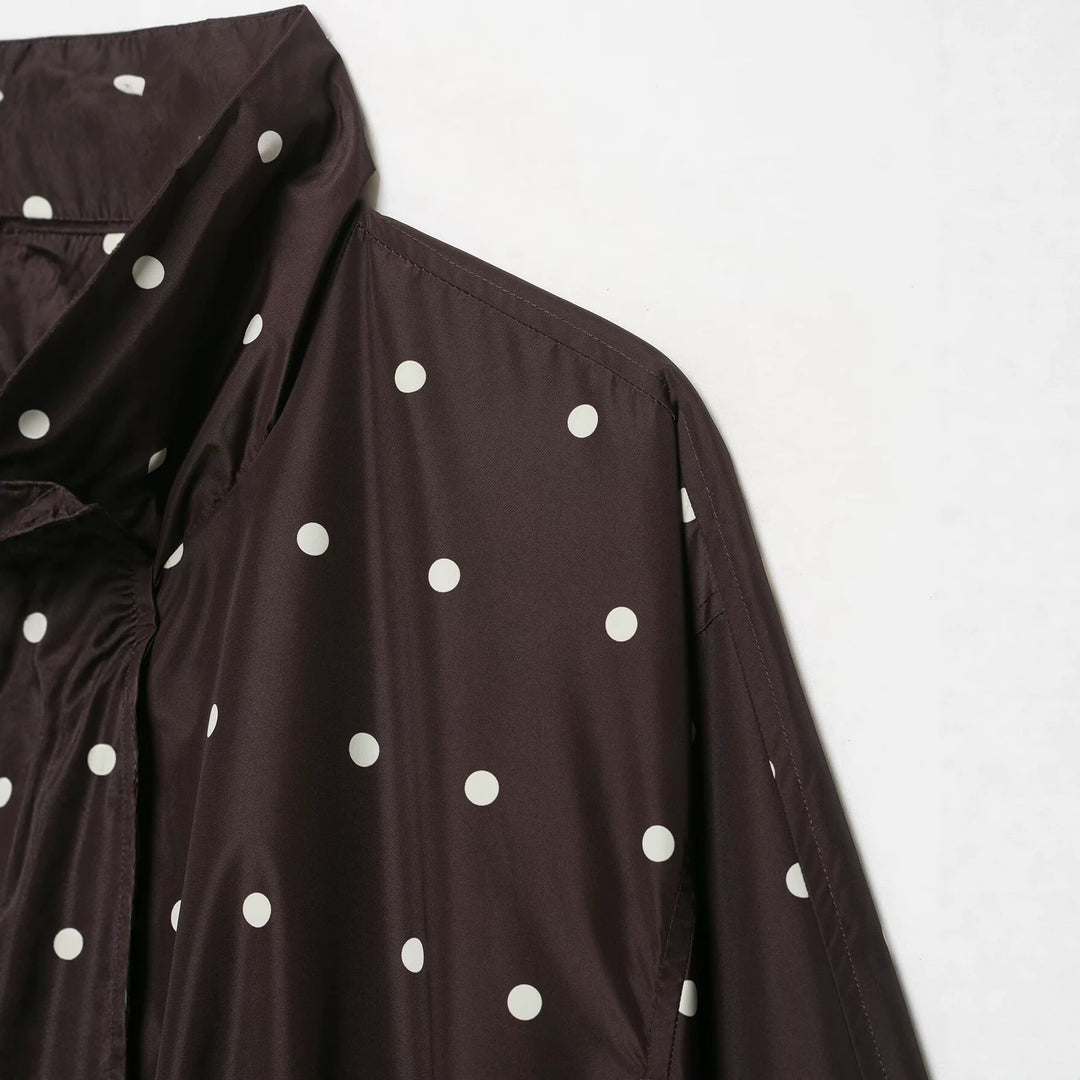 Women Lightweight Cropped Rain Jacket with Stand Collar, Snap Button Placket and Polka Dot Design Mune Fashion