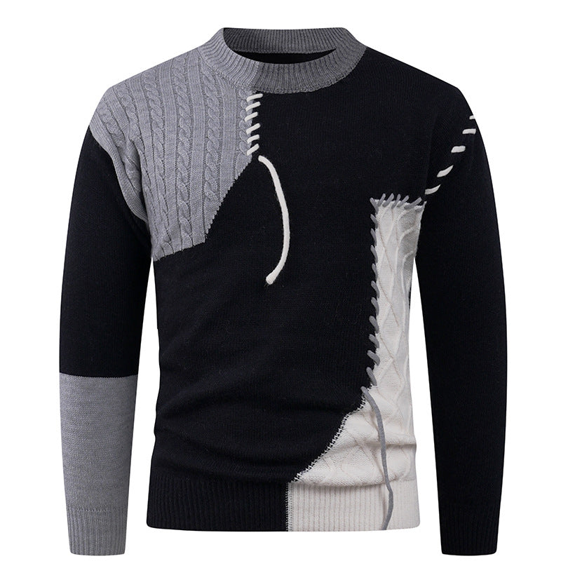 Men's Nan Patchwork Knit Pullover with Cable Knit Inserts and Decorative Seam Applications Mune Fashion