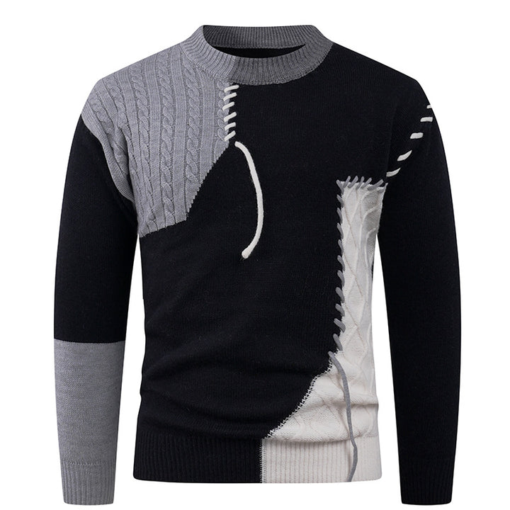Men's Nan Patchwork Knit Pullover with Cable Knit Inserts and Decorative Seam Applications Mune Fashion