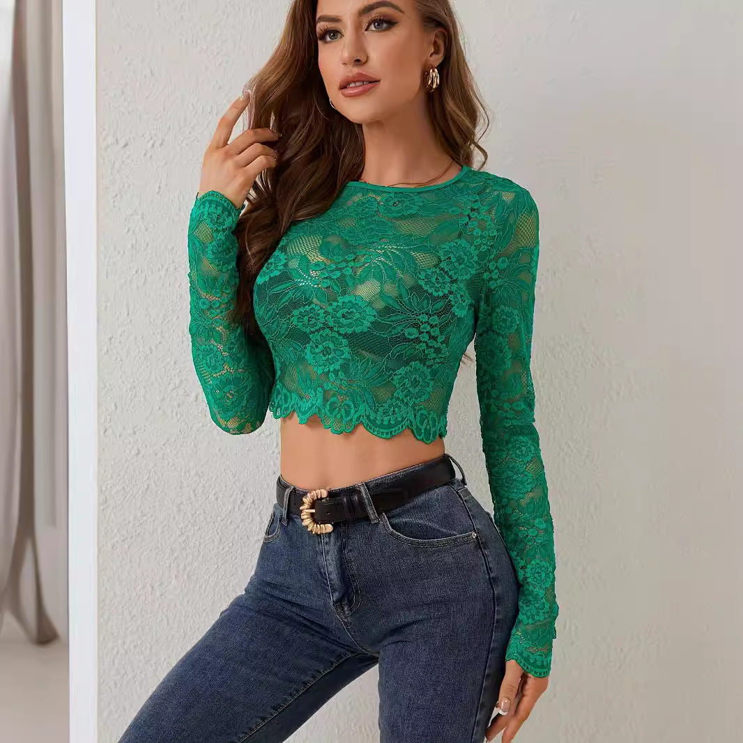 Women's cropped floral lace crop top with round neckline, long sleeves, and wavy hem Mune Fashion