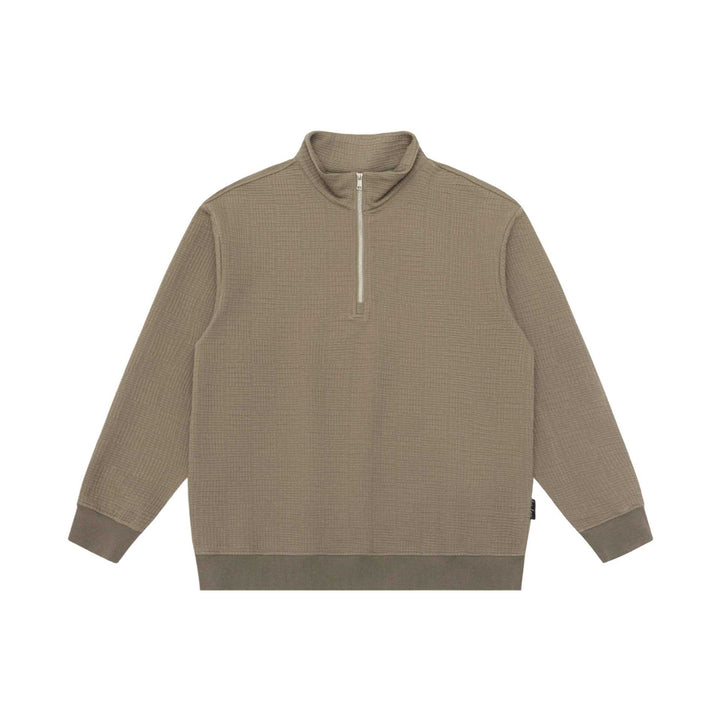 Unisex Structured Waffle Knit Half Zip Sweater with Stand-Up Collar and Ribbed Cuffs Mune Fashion