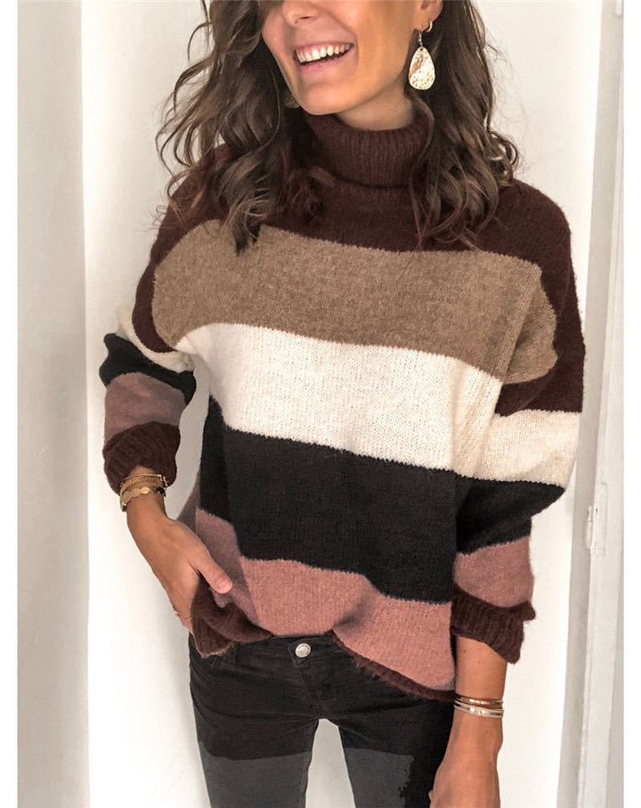 Women Oversize Turtleneck Sweater with Wide Block Stripes and Soft Knit Mune Fashion