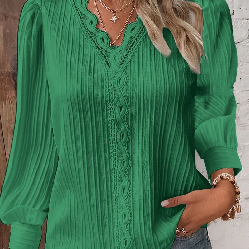 Women Pleated V-Neck Blouse with Lace Trim and Balloon Sleeves Mune Fashion