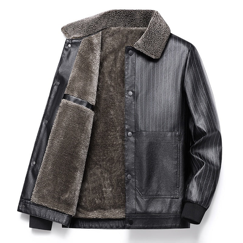 Men's Faux Leather Blouson with Sherpa Collar, Warm Teddy Lining and Pinstripe Detail Mune Fashion