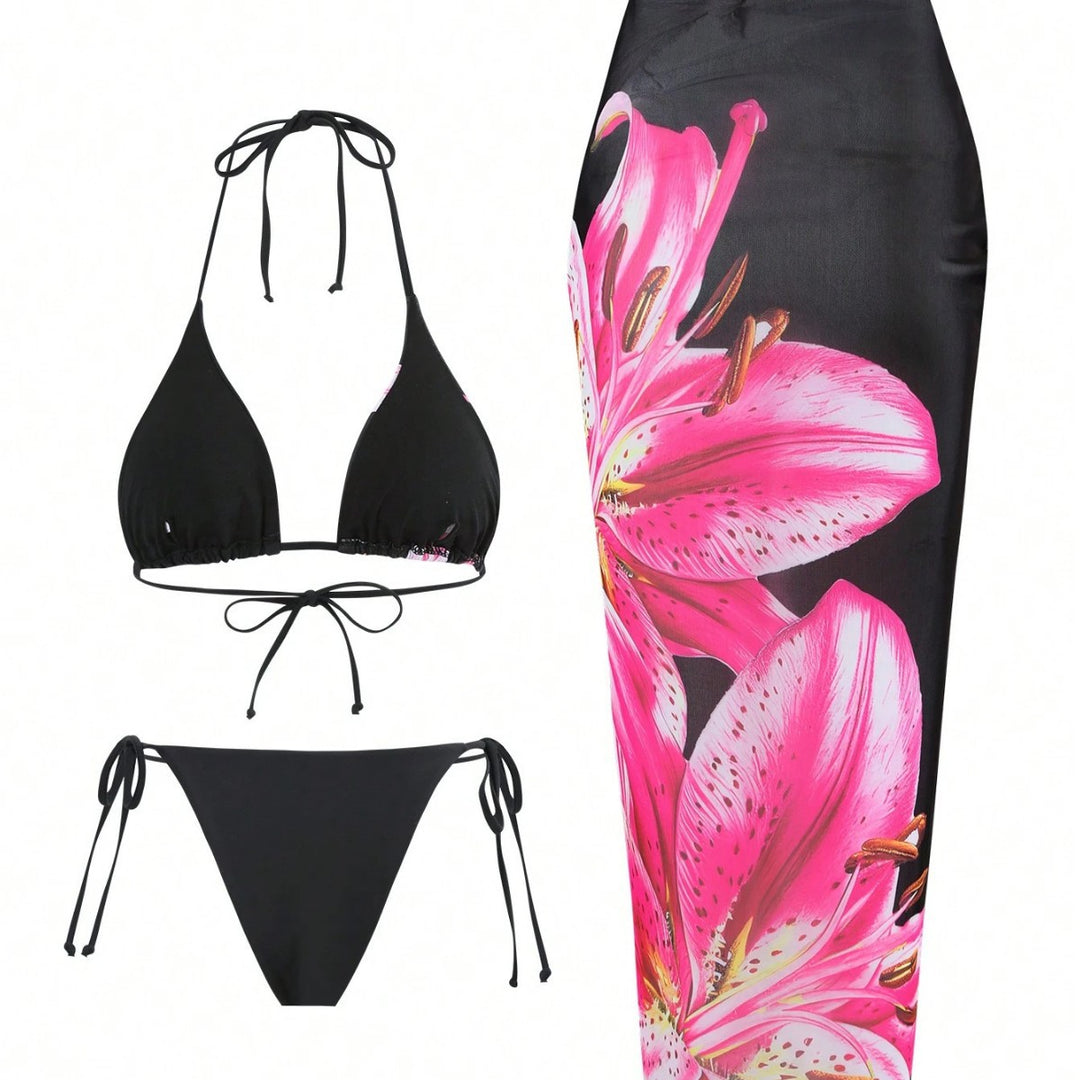 Women's bikini set with floral pattern and matching wrap skirt Mune Fashion