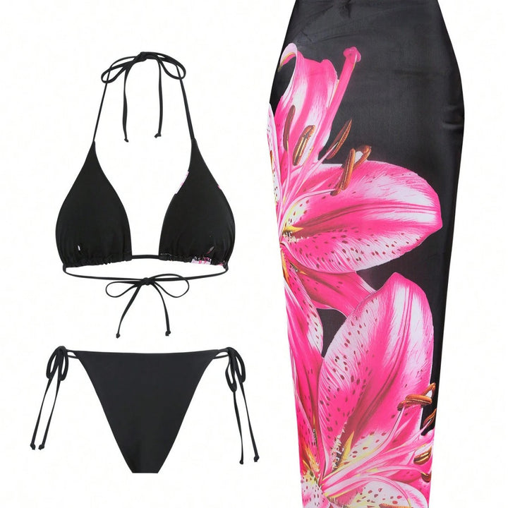 Women's bikini set with floral pattern and matching wrap skirt Mune Fashion