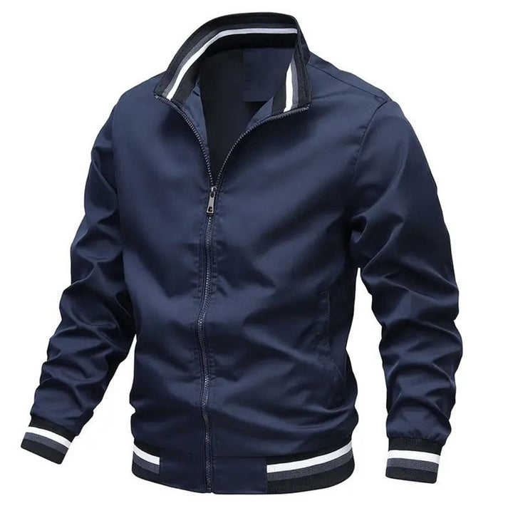 Men's lightweight windproof bomber jacket with stand-up collar, elastic cuffs, and full-length zipper.