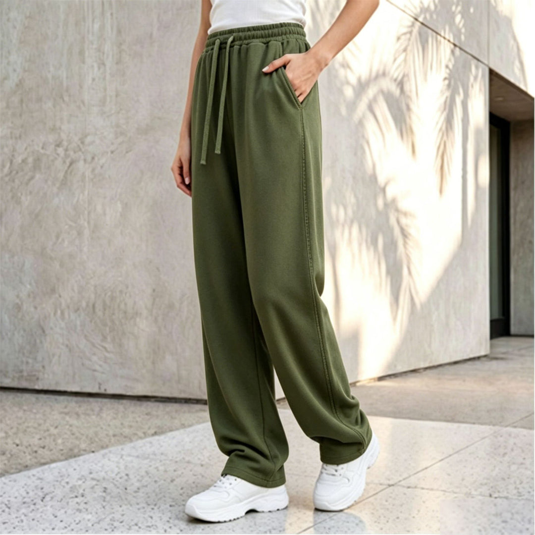 Women's wide lounge palazzo pants with high comfort waistband, drawstring, side pockets, and decorative side seam Mune Fashion