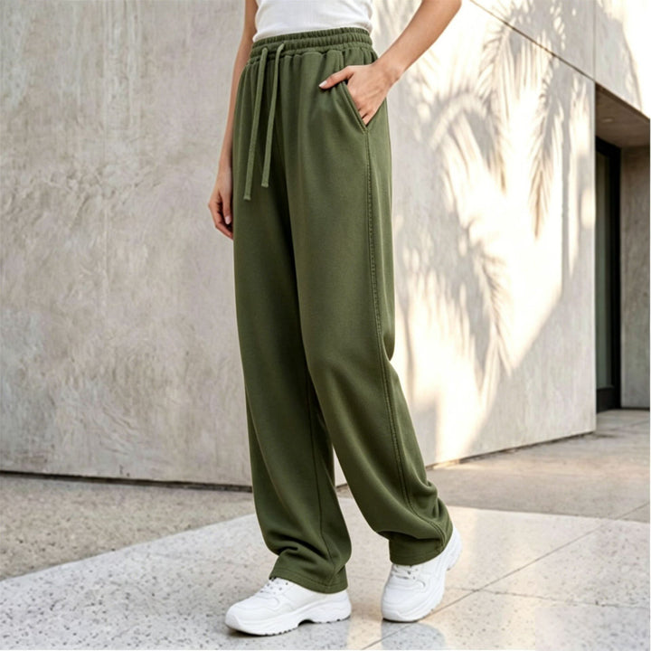 Women's wide lounge palazzo pants with high comfort waistband, drawstring, side pockets, and decorative side seam Mune Fashion
