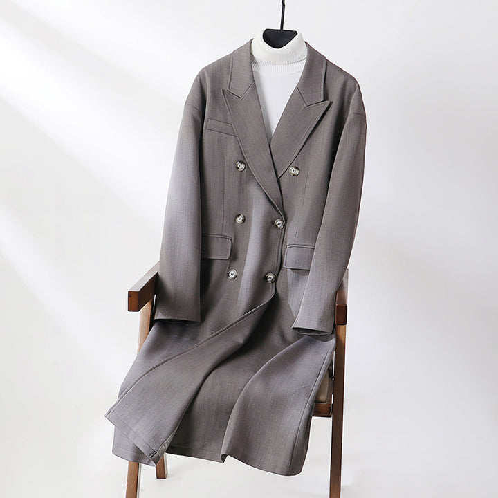 Women's Double-Breasted Longline Coat with Oversized Cut and Draped Lapel Mune Fashion