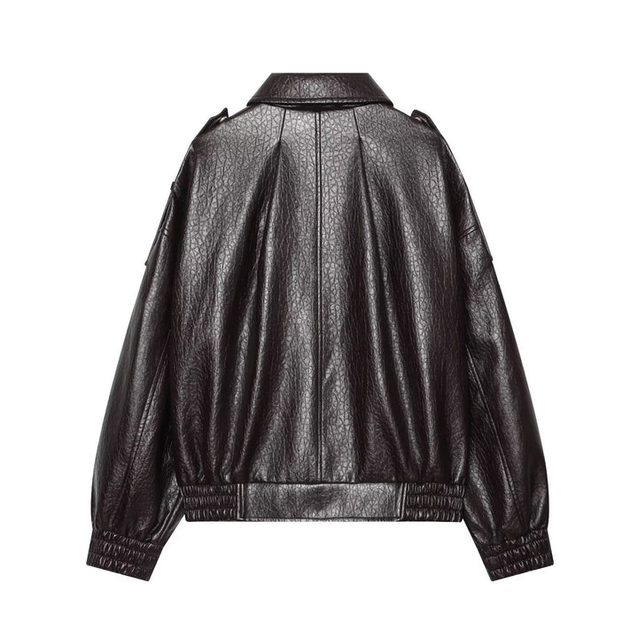 Women Oversized Faux Leather Bomber Jacket with Epaulettes and Gathered Hem Mune Fashion