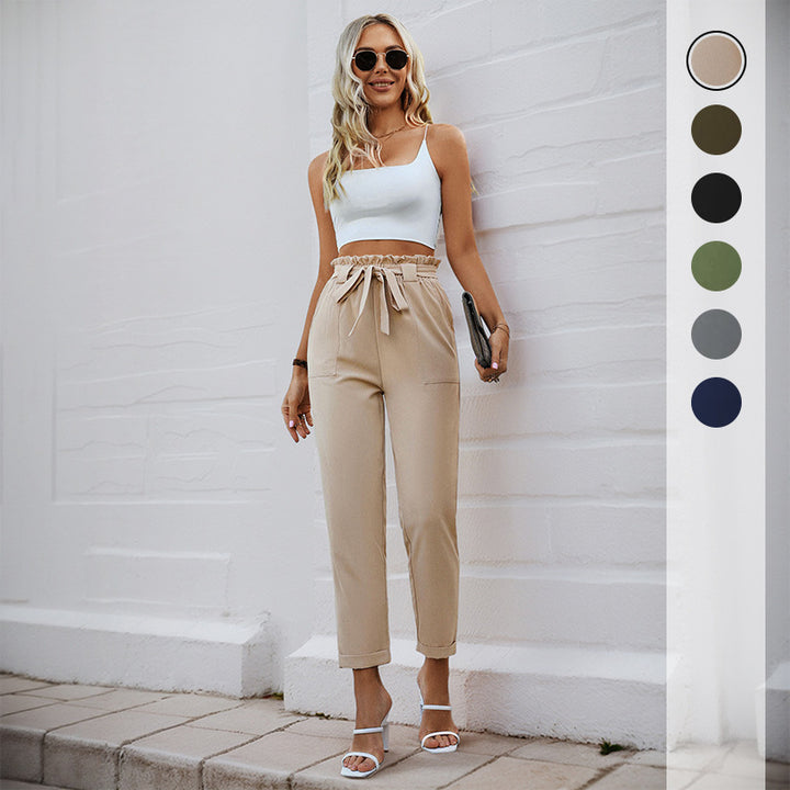 Women's Lightweight Paperbag Pants with Elastic Waistband, Tied Belt and Patch Pockets Mune Fashion