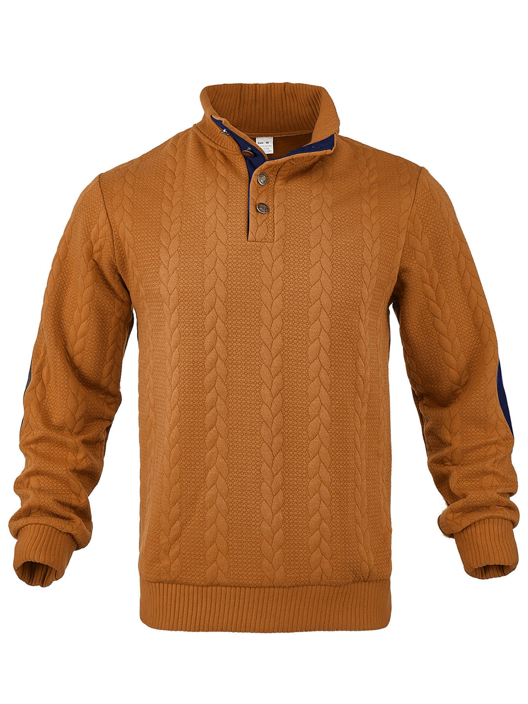 Men's Cable Knit Half Button Sweater with High Stand Collar and Suede Elbow Patches Mune Fashion