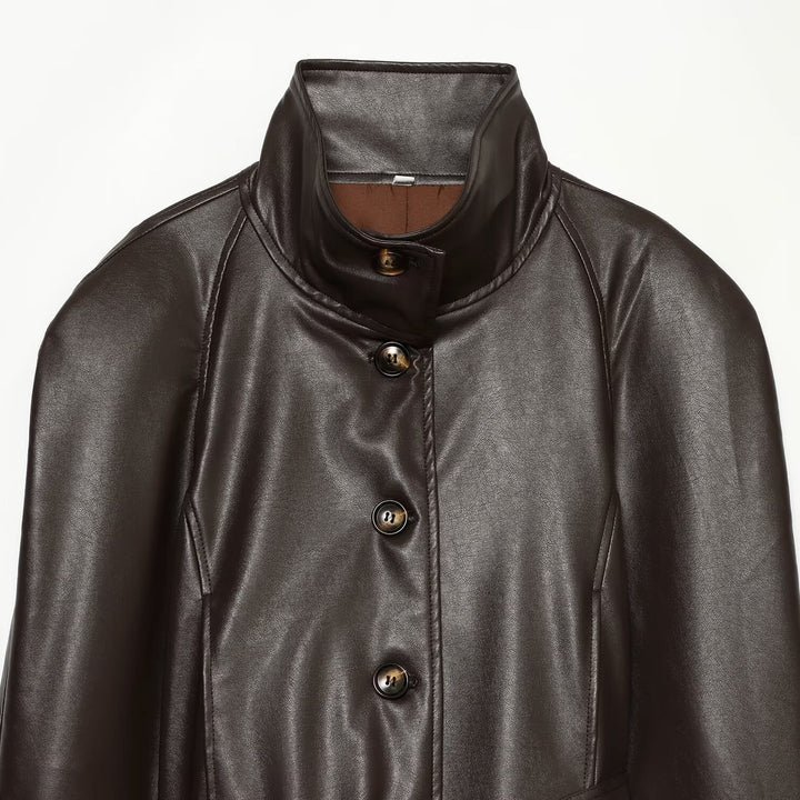 Women's Tailored Cropped Vegan Leather Jacket with Stand Collar and Tie Belt Mune Fashion