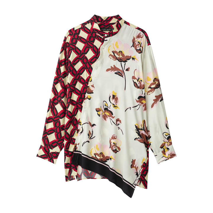 Women Oversize Silk Look Blouse with Asymmetrical Hem and Patchwork Print Drune