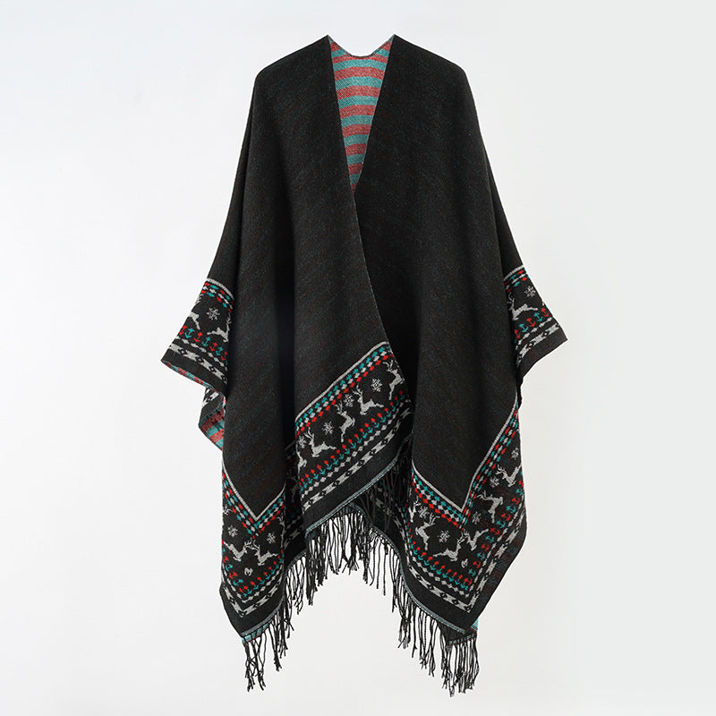Women's Wool Blend Kimono Poncho with Norwegian Border and Fringe Mune Fashion