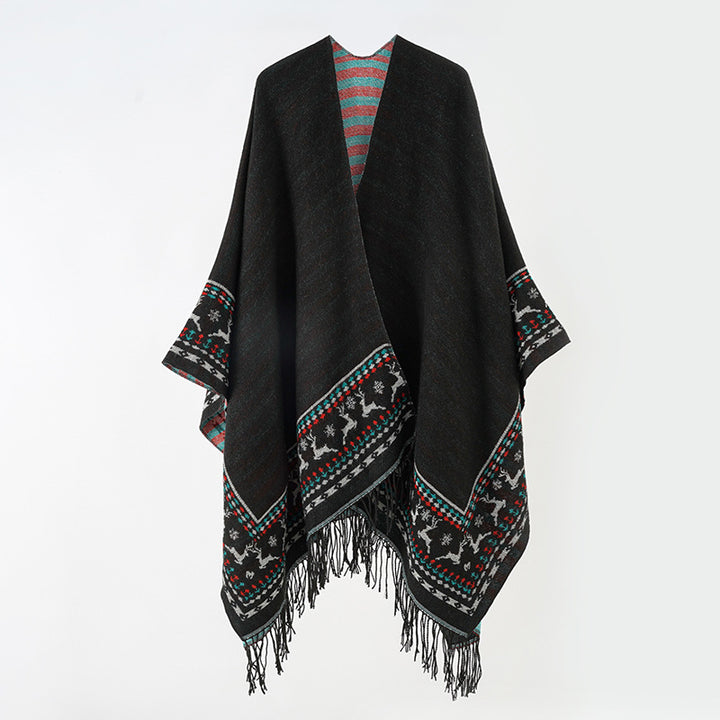 Women's Wool Blend Kimono Poncho with Norwegian Border and Fringe Mune Fashion