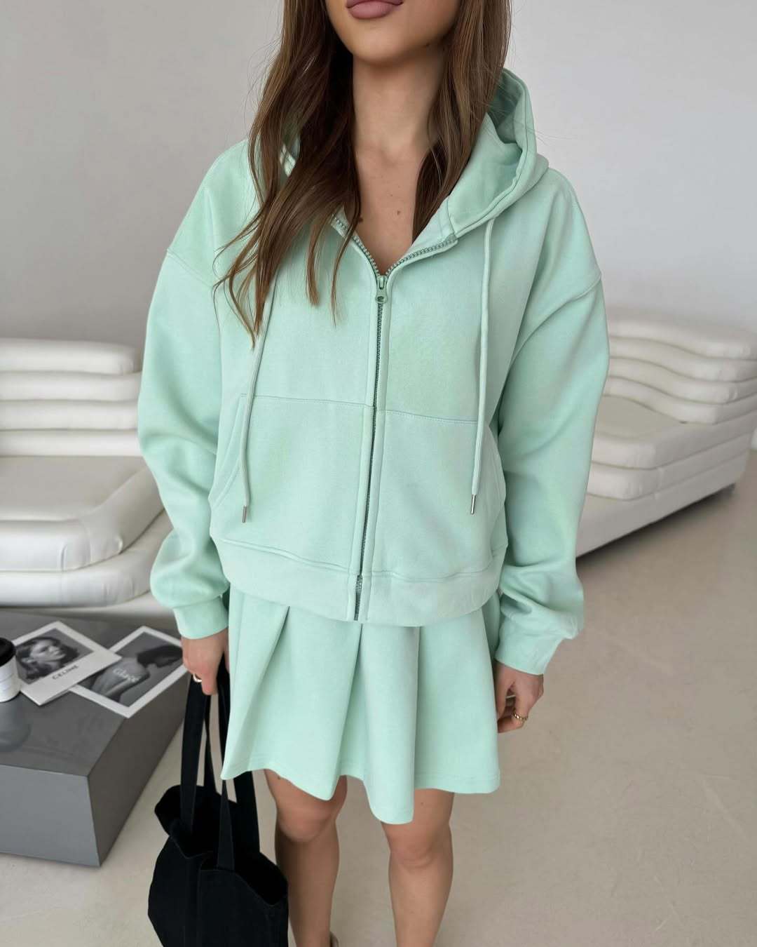 Women's Short Zip Hoodie with Pleated Mini Skirt Lounge Set Mune Fashion