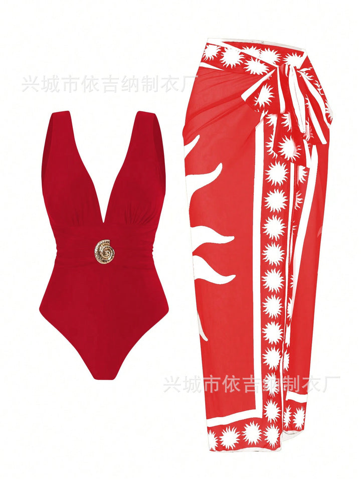 Women's swimsuit with feminine wrap skirt and elegant jewelry detail Mune Fashion