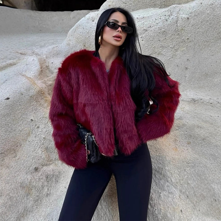 Women's short-cut boxy faux fur bomber with voluminous shawl collar Mune Fashion