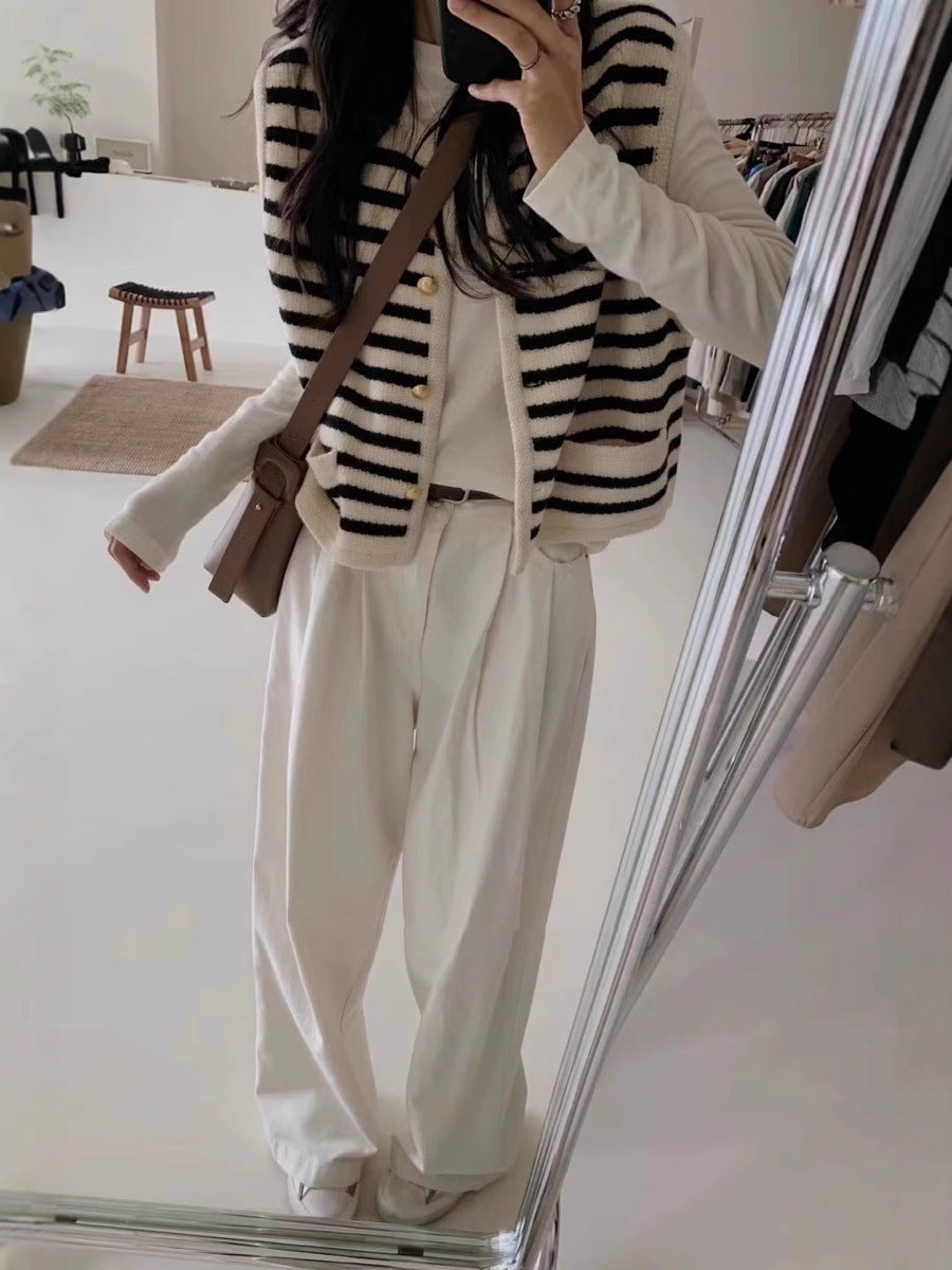 Women Short-Cut Striped Knit Vest with Gold-Colored Buttons and Patch Pockets Mune Fashion