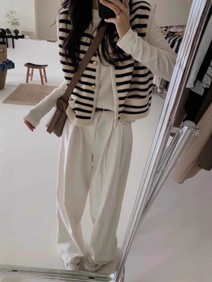 Women Short-Cut Striped Knit Vest with Gold-Colored Buttons and Patch Pockets Mune Fashion