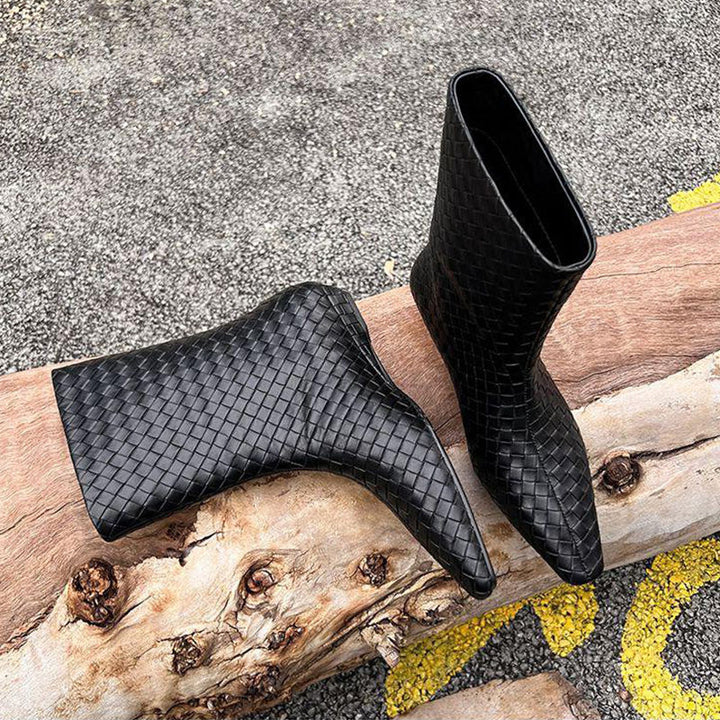 Women's Braided Leather Look Mid-Calf Ankle Boots with Pointed Toe and Flat Heel Mune Fashion