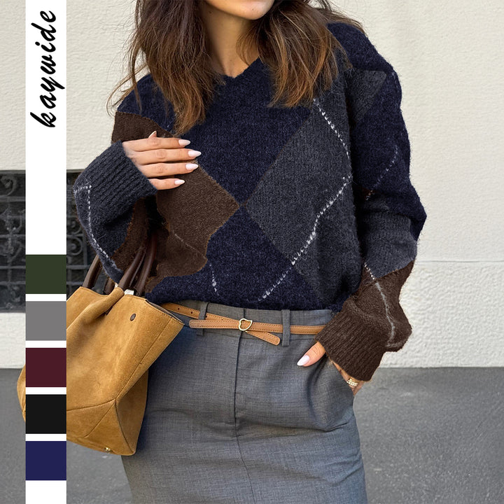 Women's oversized argyle knitted sweater with boxy cut and ribbed round neckline Mune Fashion