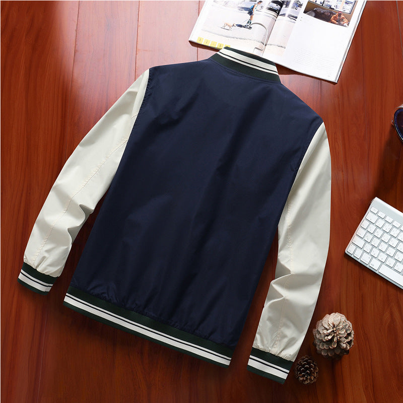 Men's varsity bomber jacket in retro college style with contrast sleeves and striped ribbed cuffs Mune Fashion