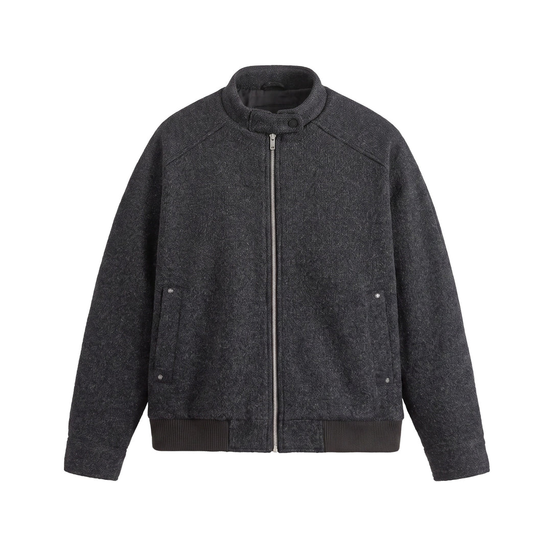 Men's Short Boxy Wool Mix Bomber with Stand-Up Collar and Ribbed Hem Mune Fashion
