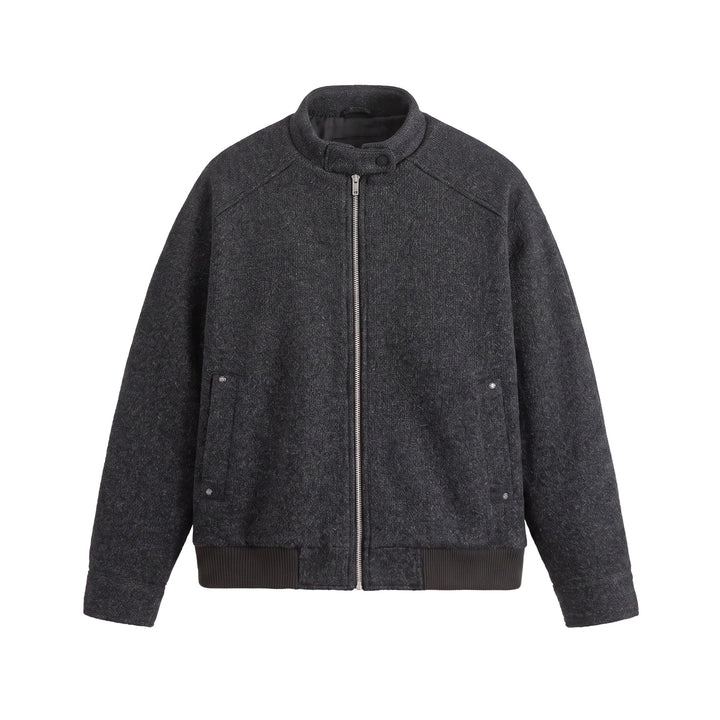 Men's Short Boxy Wool Mix Bomber with Stand-Up Collar and Ribbed Hem Mune Fashion