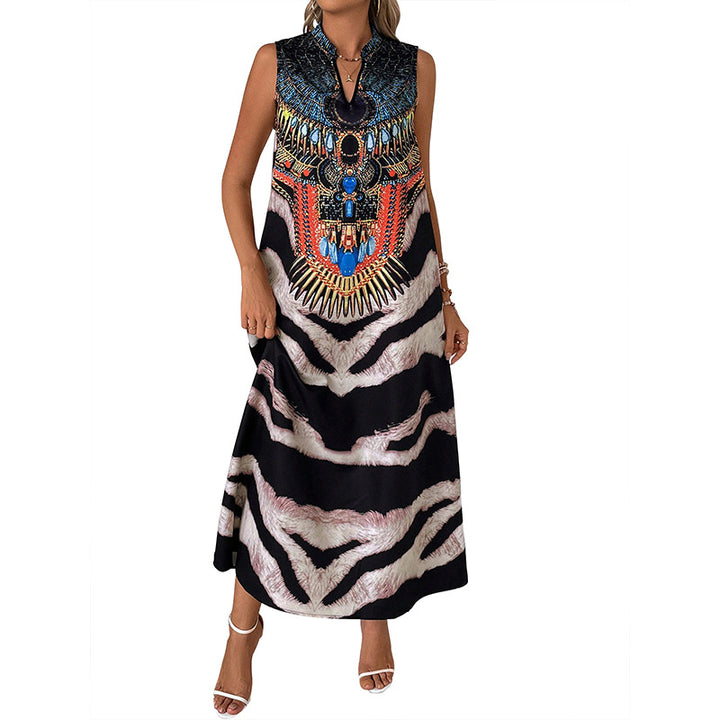 Women's Sleeveless Maxi Dress with Statement Neck Print, Ethnic Motif and Flared A-Line Silhouette Mune Fashion