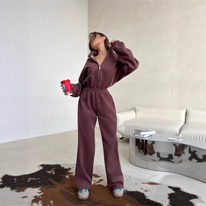 Women Loungewear Set with Half Zipper, Elastic Waistband and Wide Jogging Pants Mune Fashion