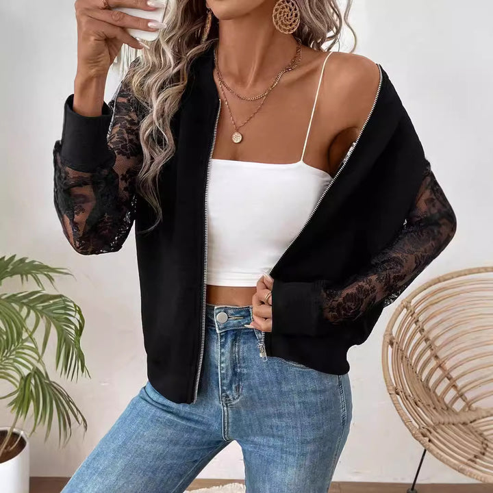 Women's lightweight bomber jacket with floral lace sleeves and zipper Mune Fashion