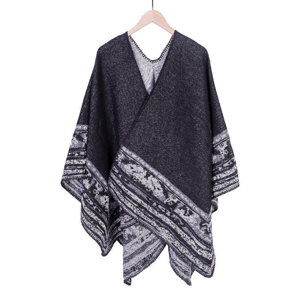 Women's Chunky Knit Oversized Ruana with Graphic Block Pattern and Asymmetrical Pointed Hem Mune Fashion