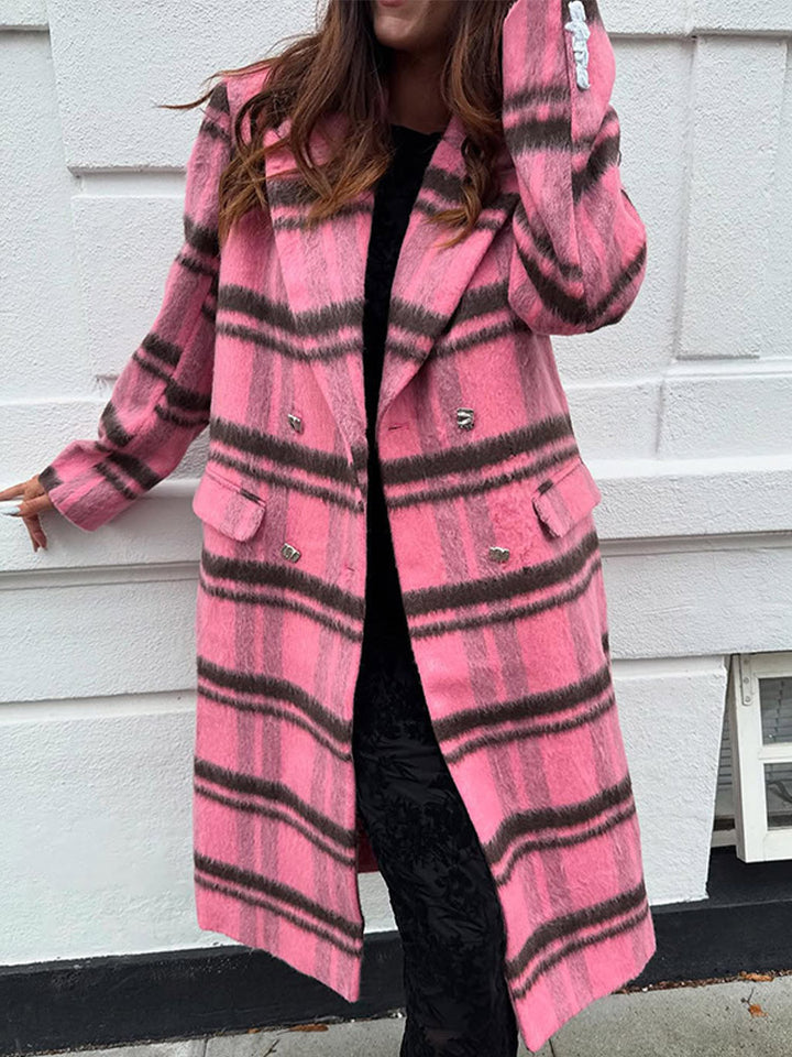 Women Mid-length checkered wool blend coat with double-breasted button placket and shawl collar Mune Fashion